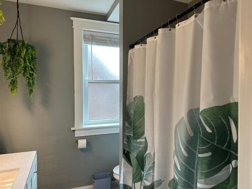 a bathroom with a shower curtain with a plant at Cute Neighborhood Rainbow Apt in Saint Louis