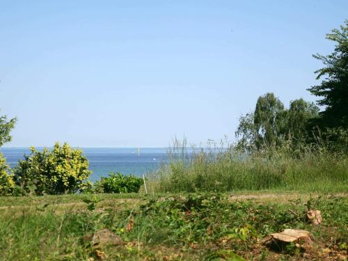 a field with the ocean in the background at 6 person holiday home in Rudkøbing-By Traum in Spodsbjerg