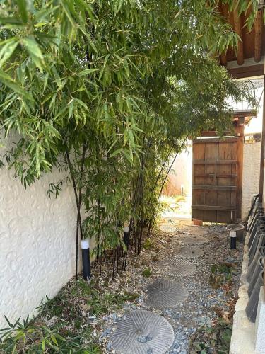 a row of trees next to a white wall at 스테이지안 in Daegu
