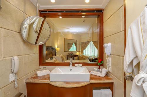 a bathroom with a sink and a mirror at Hotel The Royal Plaza in New Delhi
