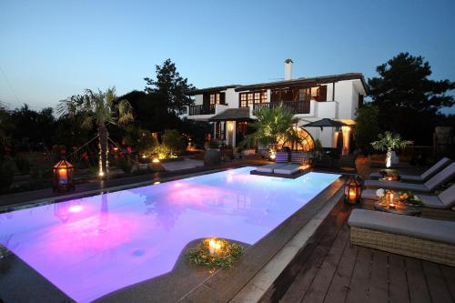 a large swimming pool in front of a house at Byblos Luxury Villa in Prinos