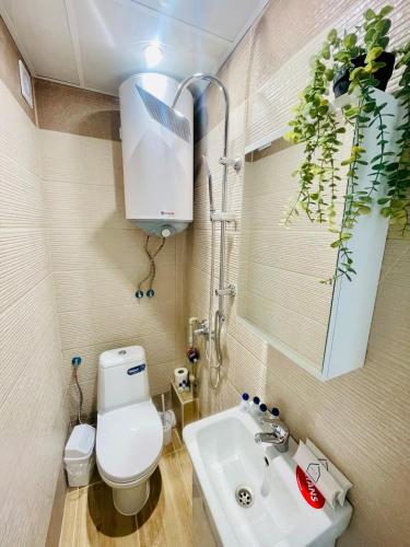 a small bathroom with a toilet and a sink at The Secret Tale in Varna City