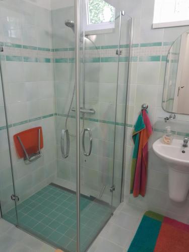 a bathroom with a shower and a sink at Apartmán Soběslav in Soběslav