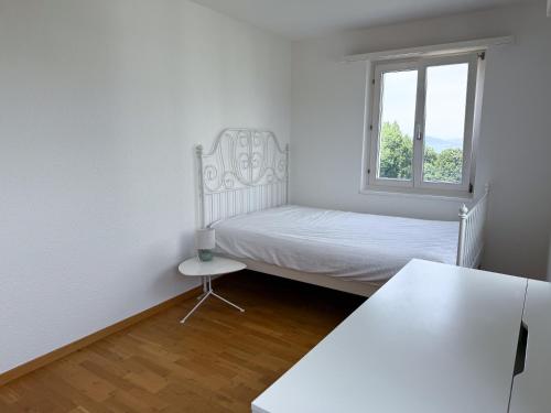 a small bedroom with a bed and a window at Room in Homestay with amazing view of lake - Zimmer in einer Gastfamilie mit herrlichem Blick auf den See in Feusisberg