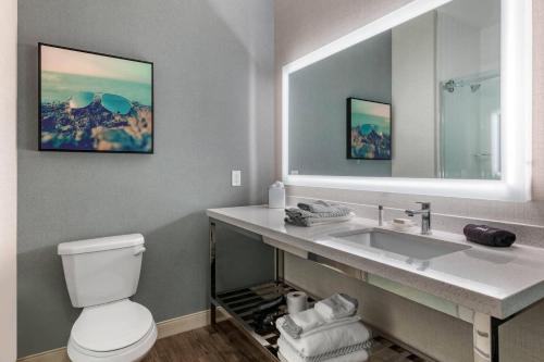 a bathroom with a sink and a toilet and a mirror at Cambria Hotel St Petersburg-Madeira Beach Marina in St Pete Beach