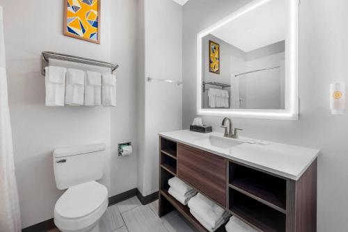 a bathroom with a toilet and a sink and a mirror at Comfort Inn & Suites in Schulenburg
