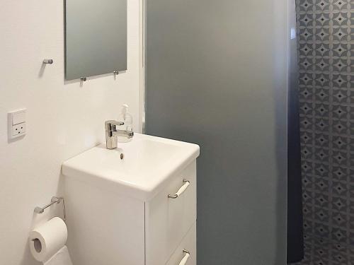 a bathroom with a white sink and a mirror at 5 person holiday home in Tranekær-By Traum in Tranekær