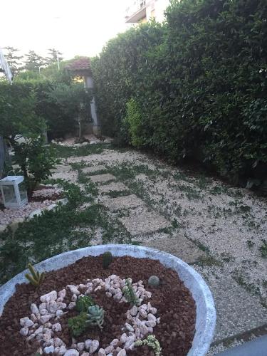 a garden with a flower bed in the middle at La Maison Blanche in Borghesiana 