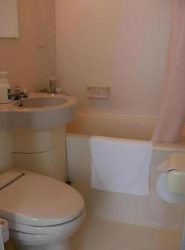 a bathroom with a white toilet and a sink at Hirata Maple Hotel in Izumo