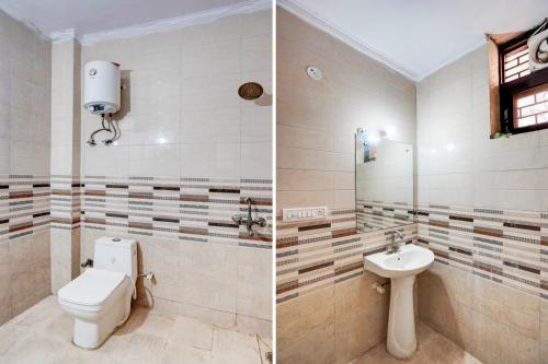 two pictures of a bathroom with a toilet and a sink at Maayra Inn in Noida