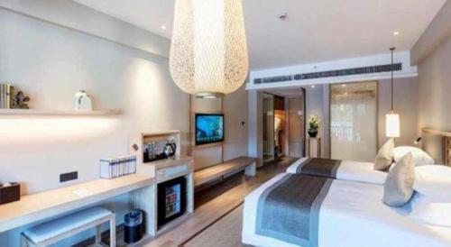 a large bedroom with a large bed and a television at Hotel Dayu Kaiyuan in Shaoxing