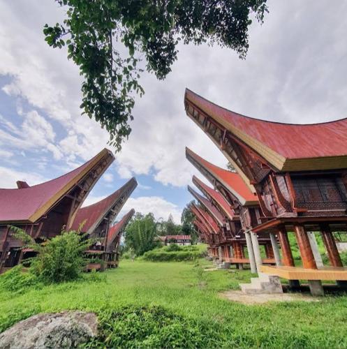 a building with a red roof in a field at Angel's Homestay Batutumonga in Rantepao