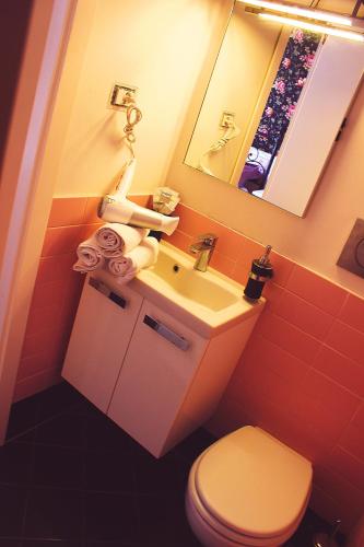 a bathroom with a toilet and a sink and a mirror at Casa Fanti 57 in Rome