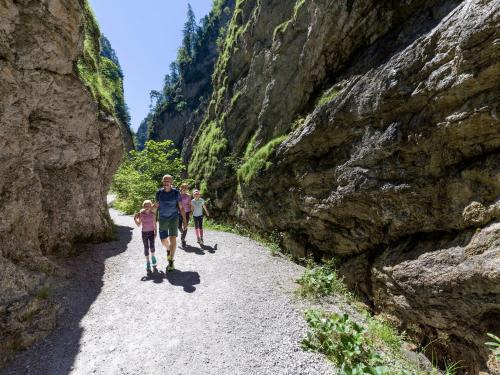 a man and two children walking down a rocky trail at Appartement Schilcher in Oberau
