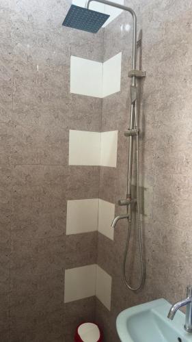 a bathroom with a shower with a toilet and a sink at Abode of peace Airport stay in Dar es Salaam