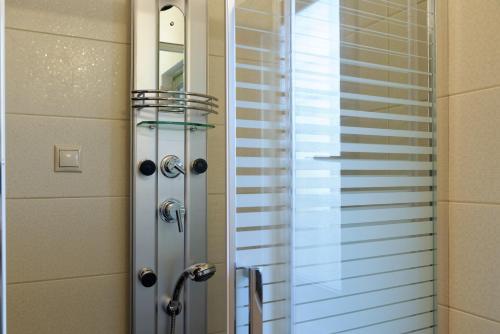 a shower in a bathroom with a mirror at Alexandra Hotel in Kalentzi