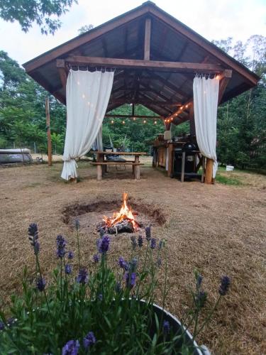 a fire pit in a yard with a pavilion at Wood Camping in Brochów
