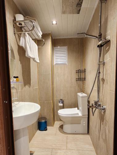 a bathroom with a white toilet and a sink at Capavista Cave House Göreme in Göreme