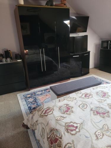 a living room with a fireplace and a rug at Morecambe Seaside Room in Heysham
