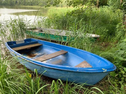 a blue boat sitting in the grass next to a river at Altes Gutshaus Klink in Klink