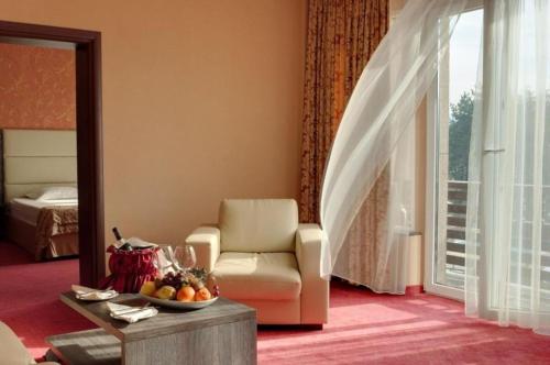 a living room with a chair and a table with a bowl of fruit at Spa Hotel Dvoretsa in Velingrad