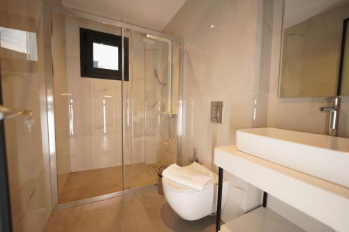 a bathroom with a shower and a toilet and a sink at Sunrise Luxury Apartments in Fanárion
