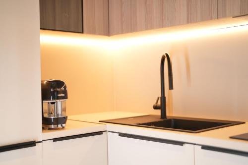 a kitchen with a sink and a coffee maker at Sunrise Luxury Apartments in Fanárion
