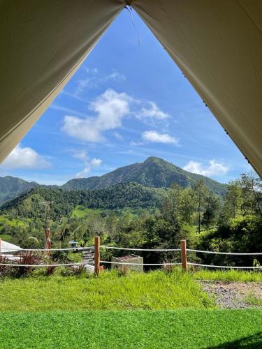 a view of a tent with mountains in the background at Dieng Latar Alam Tambi Syariah in Kejajar