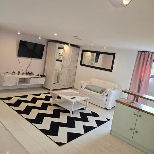a living room with a black and white rug at Miejski zakątek in Zielona Góra