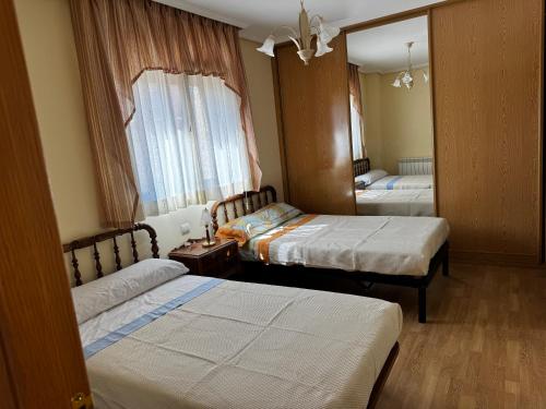 アルマサンにあるEntre Árboles y Ríoのベッドが2つと鏡があるホテルの部屋