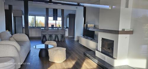 Una sala de estar con un sofá y una chimenea. en Cabana Escape Mountain Belis, en Beliş