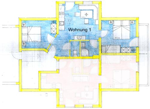 a floor plan of a house with yellow accents at Dirtlergut in Haus im Ennstal