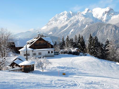 a house in the snow with mountains in the background at Dirtlergut in Haus im Ennstal
