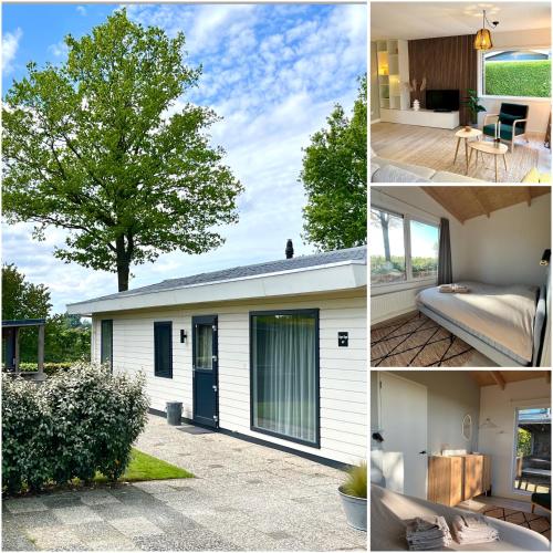 a collage of pictures of a house and a tree at Vakantiehuis op de Veluwe met landelijk uitzicht en privacy in Nunspeet