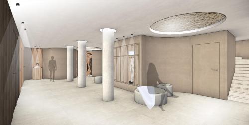 a rendering of a bathroom with columns and a person at Das Liebener - new opening in December 2025 in Obergurgl