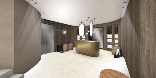 a lobby with a podium in the middle of a room at Das Liebener - new opening in December 2025 in Obergurgl