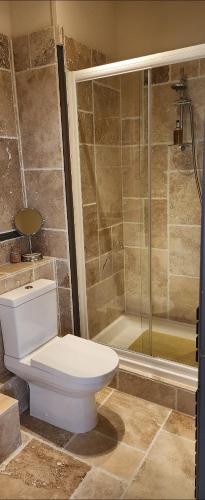 a bathroom with a toilet and a shower at Anzac Street B+Bistro in Dartmouth