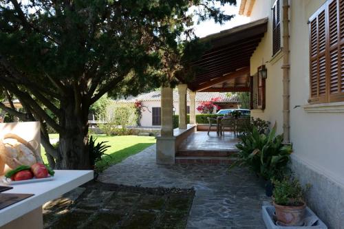 a patio with a tree and a house at Can Curt Villa in Pollença