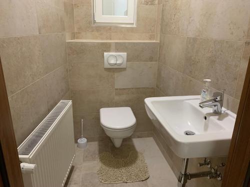 a bathroom with a toilet and a sink at Centrum Vendégház in Miskolc