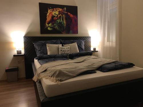 a bedroom with a bed with pillows and a painting at Centrum Vendégház in Miskolc