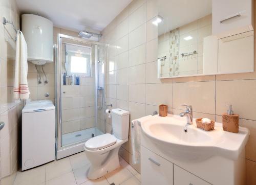 La salle de bains est pourvue de toilettes, d'un lavabo et d'une douche. dans l'établissement Gardelin Apartment, à Tivat