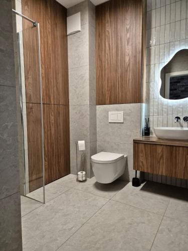 a bathroom with a toilet and a sink and a shower at Czarna Perła 109 luksusowy apartament,basen,garaż,taras Hel in Hel