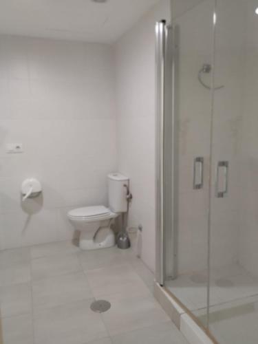 a white bathroom with a toilet and a shower at Camping El Burgo Bungalows in Orellana la Vieja