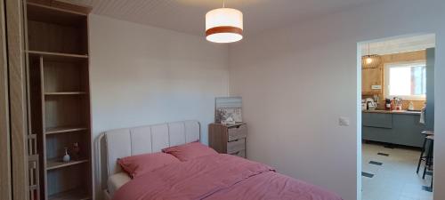 ein Schlafzimmer mit einem Bett mit einer rosa Decke in der Unterkunft La Pivoine in Trouville-sur-Mer