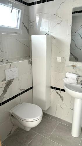 a white bathroom with a toilet and a sink at Hotel et Appartements Reine D'Azur in Roquebrune-Cap-Martin