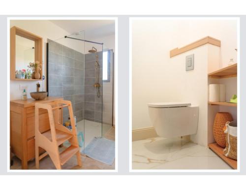2 imágenes de un baño con aseo y ducha en Maison Calme Biscarosse avec Piscine - 10 min Plage, en Biscarrosse