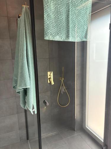 a shower with a glass door with a green towel at Neue Ferienwohnung OSTSEEKRAFT in Osterrönfeld