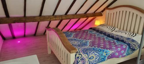 a bedroom with a bed in a room with pink lighting at First and Last Youth Hostel in Dover
