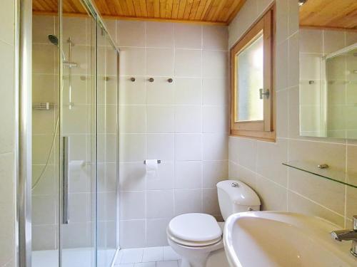 a bathroom with a toilet and a shower and a sink at CHALET AVORAZ AVR NATURE & VIEW 10 Pers in Châtel