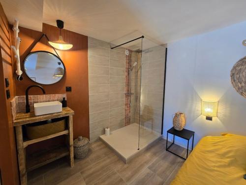 a bathroom with a shower and a sink and a mirror at Mini Loft à la campagne La MEXI K-LINE in Entrecasteaux